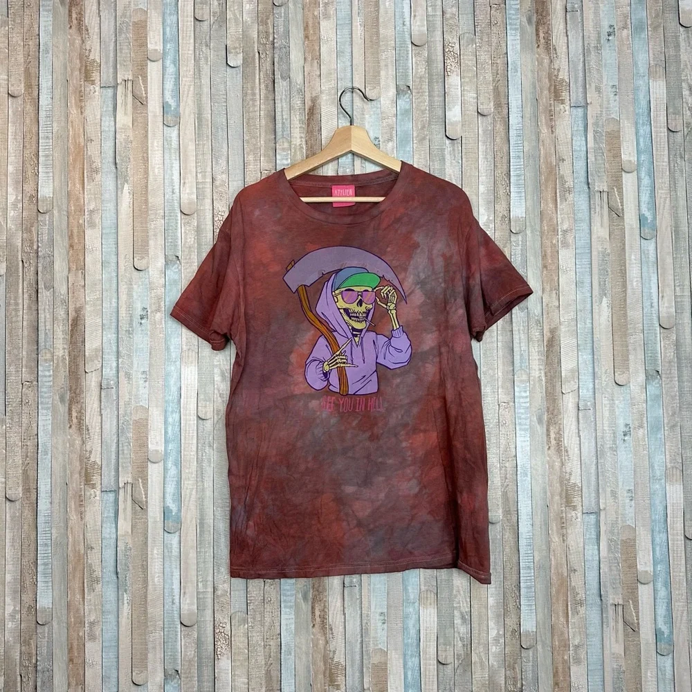 Ayylien Clothing L‎ Skeleton Hell Graphic Tie Dye Short Sleeve Tee T Shirt Punk
